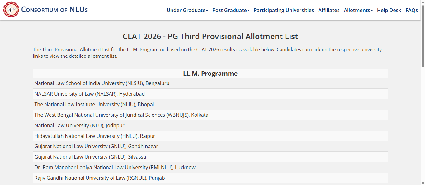 CLAT PG 2026 counselling: Third seat allotment list released at consortiumofnlus.ac.in; direct link to download here