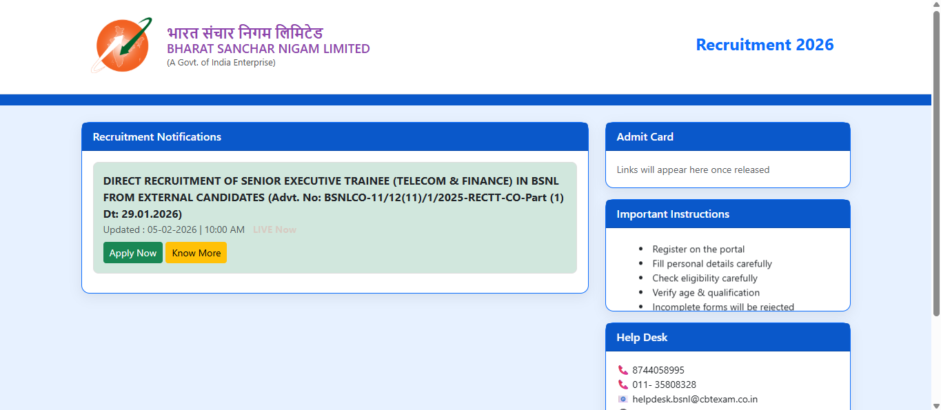 BSNL recruitment 2026: Registration begins for Senior Executive Trainee posts; direct link to apply here