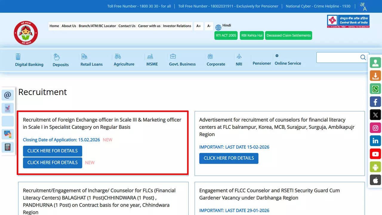 Central Bank of India Recruitment 2026 deadline extended to February 15 for CBI Officer posts; apply here