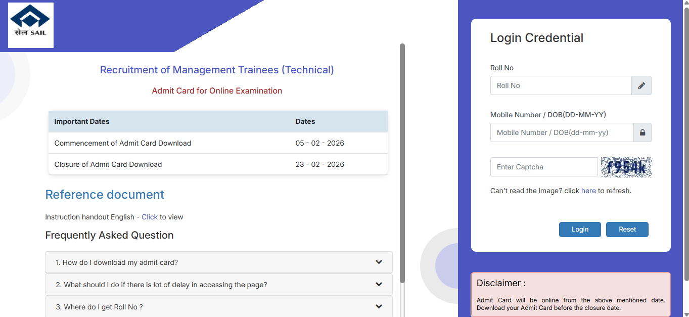 SAIL recruitment 2025 admit card released for Management Trainee posts: Direct link to download hall ticket here