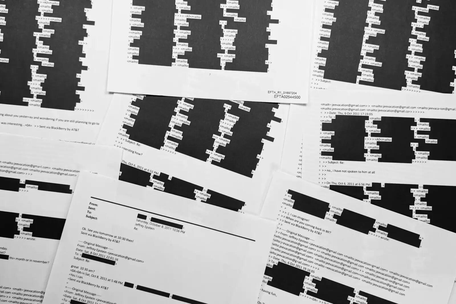 A document with an email chain from Jeffrey Epstein illustrates the amount of redactions of personally identifiable information that the U.S. Department of Justice was required to do before release of Epstein documents,