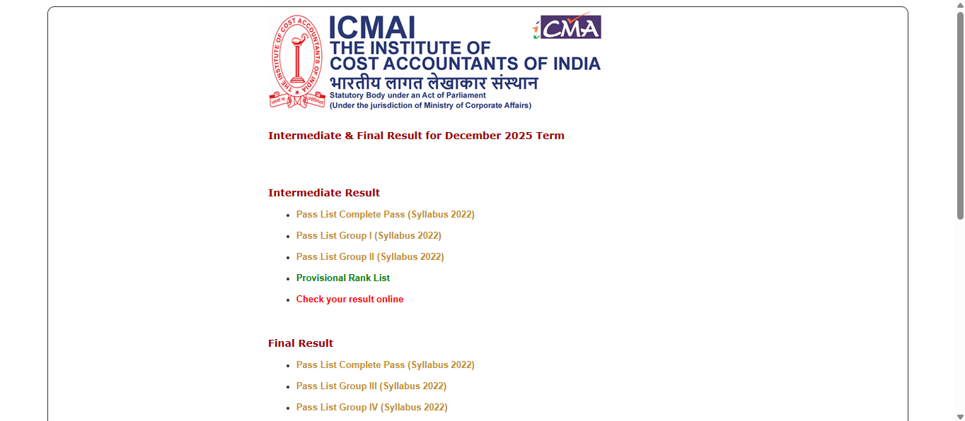 ICMAI CMA December result 2025 released: Check direct link to download Inter, Final scorecard here