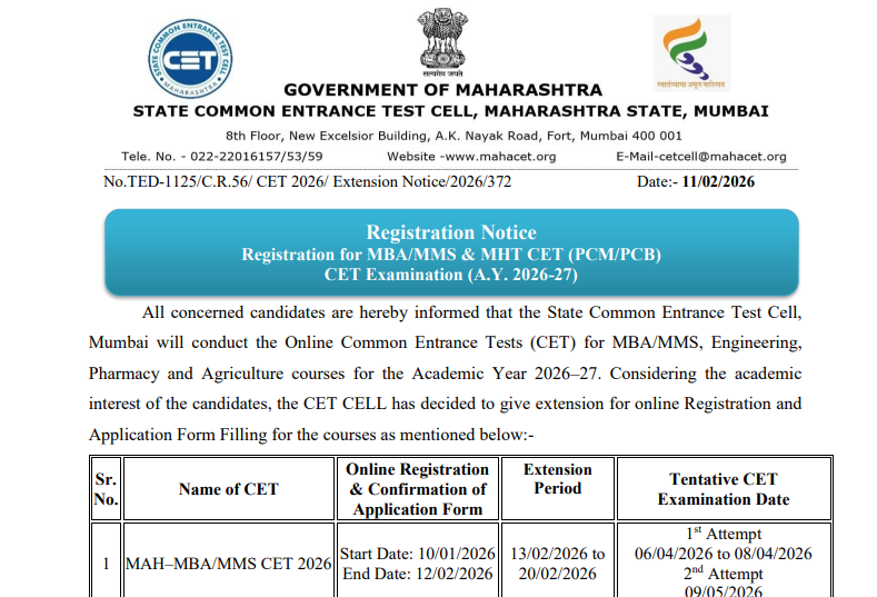 MHT CET 2026 registration deadline extended till this date: Check official notice here