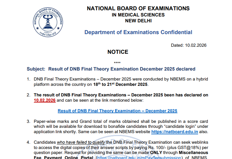 NBEMS DNB Final Theory exam result 2026 released at natboard.edu.in: Direct link to download here