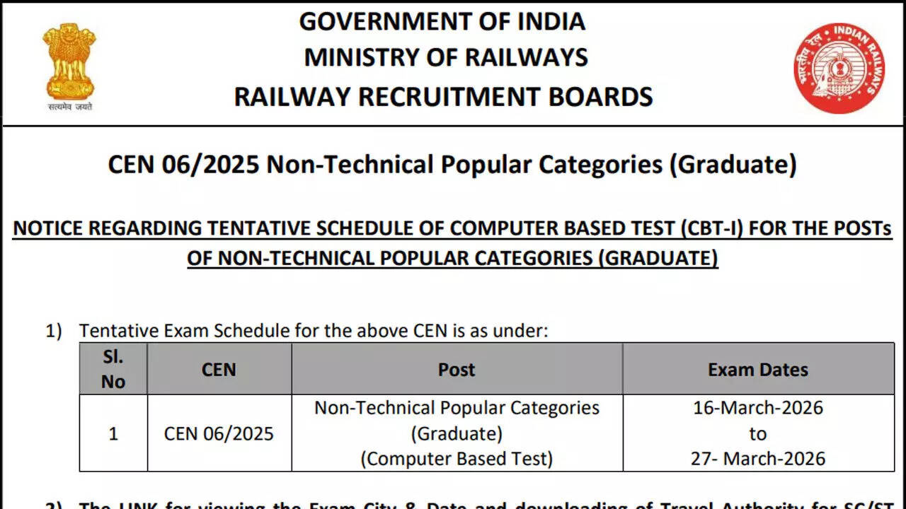 RRB NTPC Graduate CEN 06/2025 CBT-I exam date OUT, check official notice here