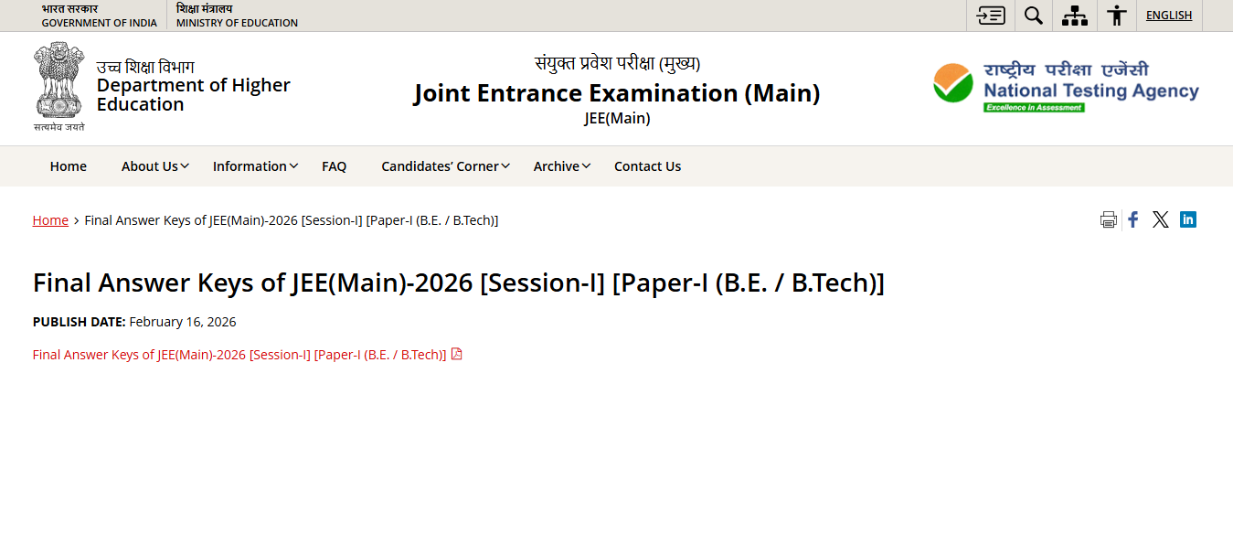 JEE Main 2026 final answer key for session 1 released: Direct link here, result to be announced shortly