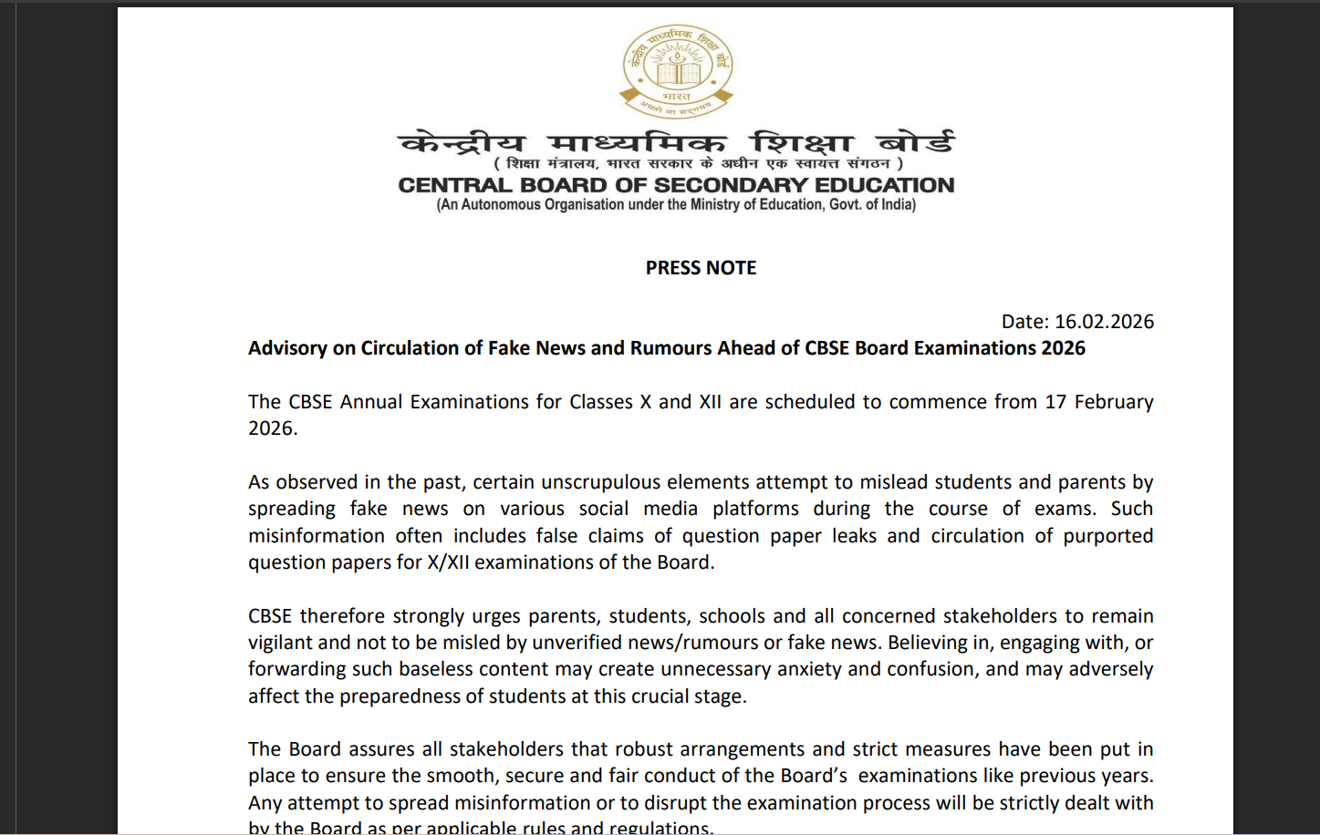 CBSE releases notice ahead of board exams: Warns of strict action over fake paper leak claims