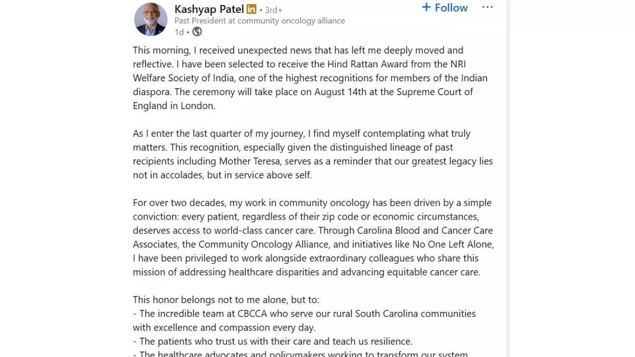 Who is Kashyap Patel? Indian-origin doctor wins prestigious NRI award Hind Rattan for transforming cancer care