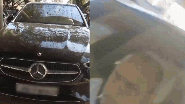 Viral video: Surrounded by mob, lawyer drives Mercedes home with man clinging on bonnet to save himself