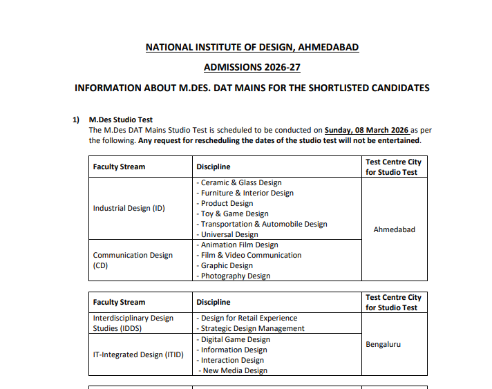 NID DAT 2026 mains exam dates out: Check complete schedule and key details here