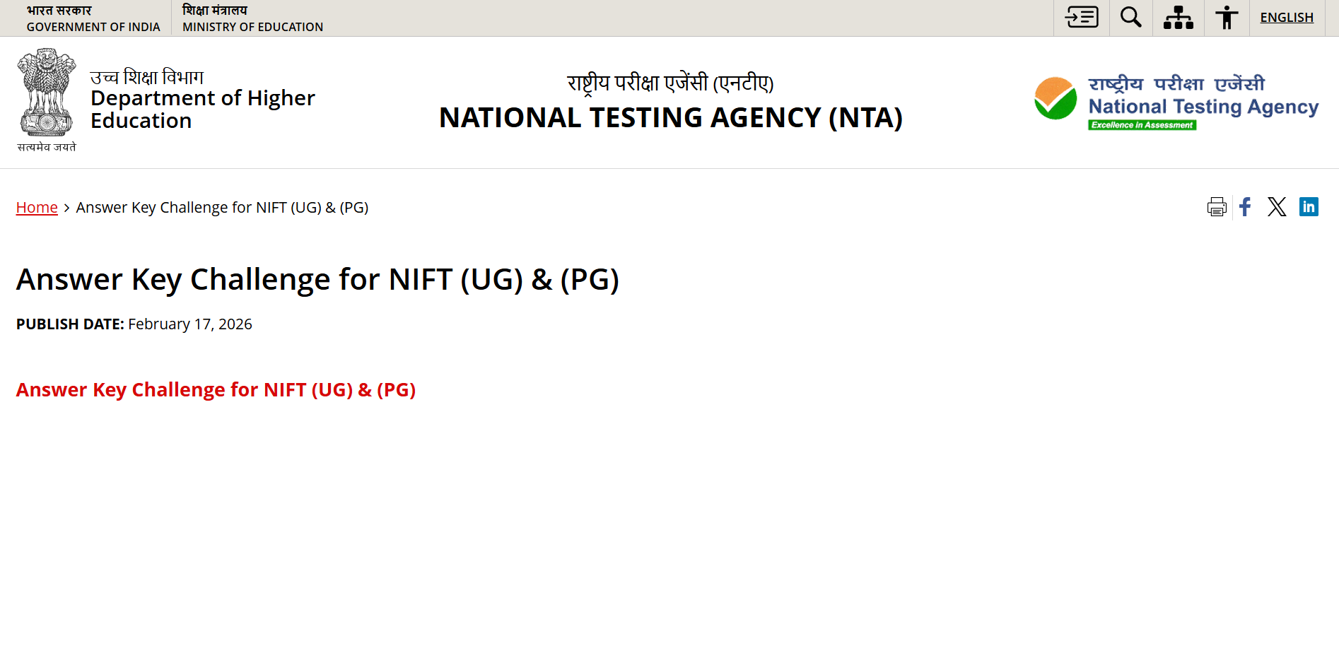 NTA NIFTEE provisional answer key 2026 released at nta.ac.in: Direct link to challenge here