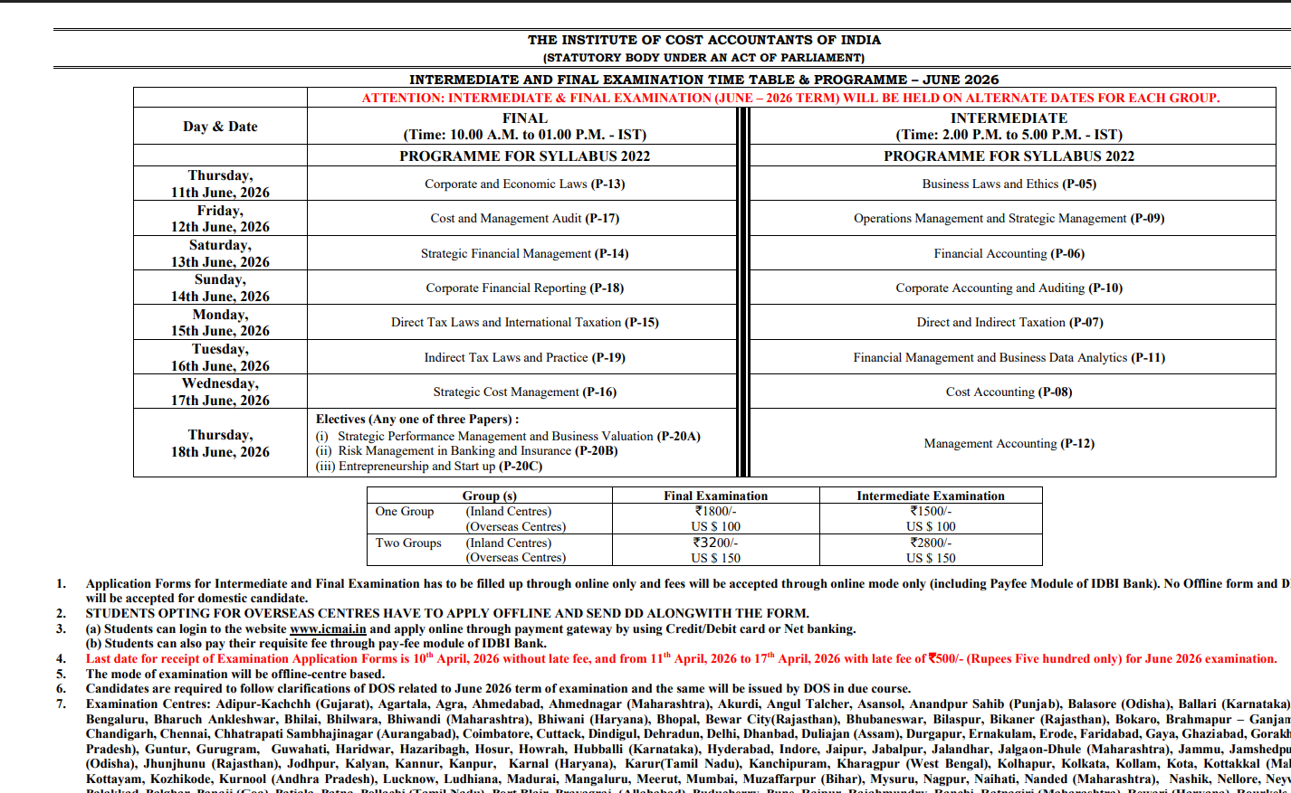 ICMAI CMA June exam schedule 2026 released: Check details here