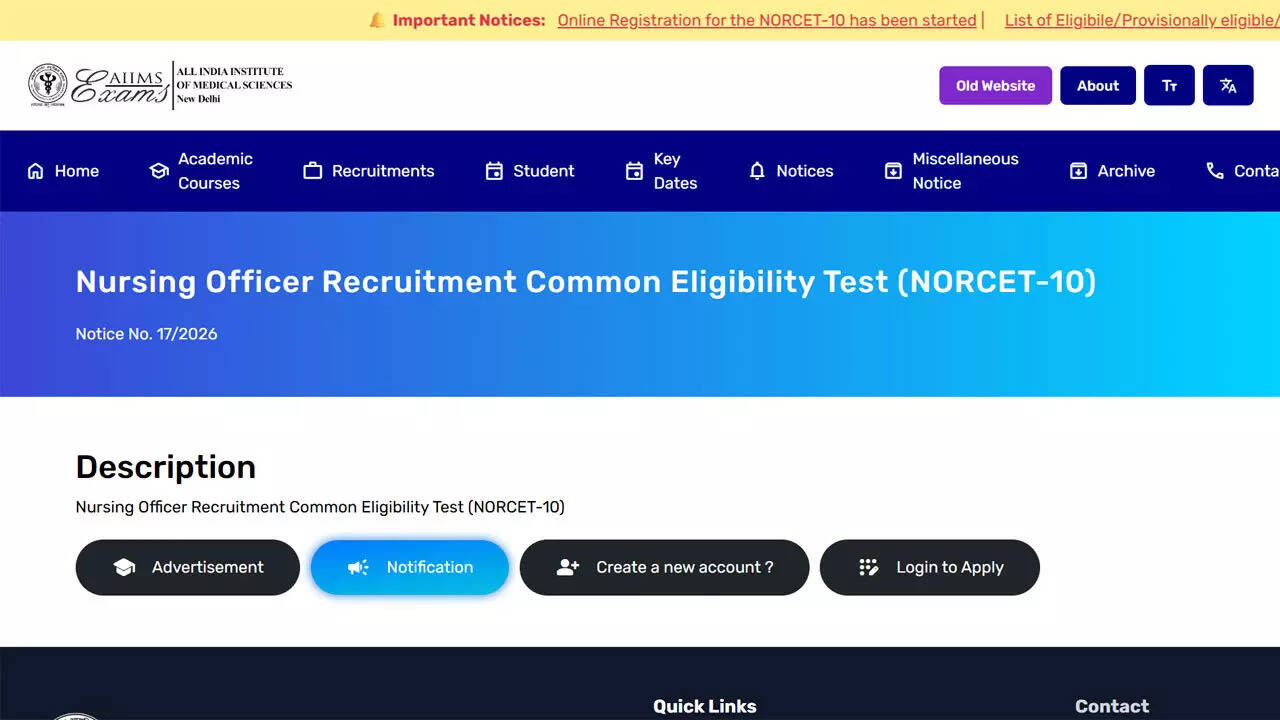 AIIMS NORCET 10 registrations for Nursing Officer posts begins at aiimsexams.ac.in