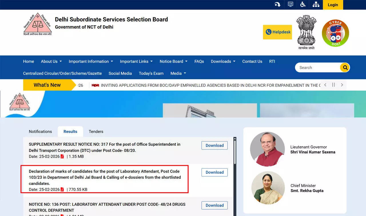 DSSSB releases Tier I results for Laboratory Attendant, invites e-dossiers for Delhi Jal Board posts