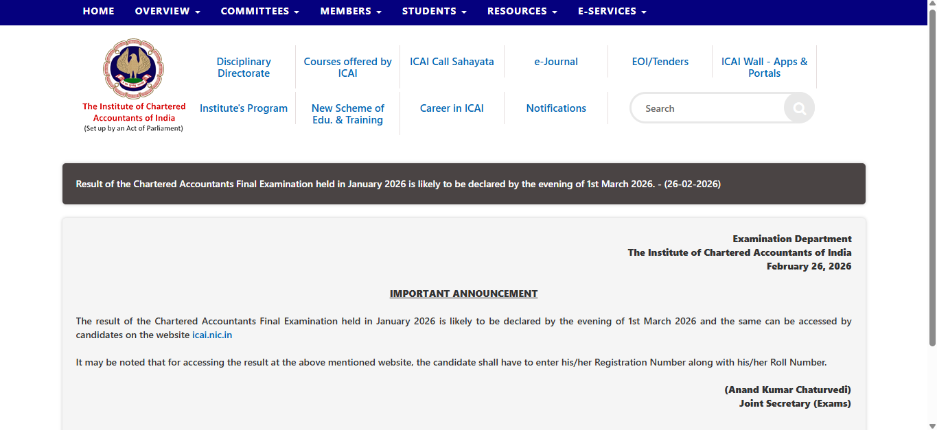 ICAI CA Final result 2026 to be released tomorrow: Check when and where to download scorecards