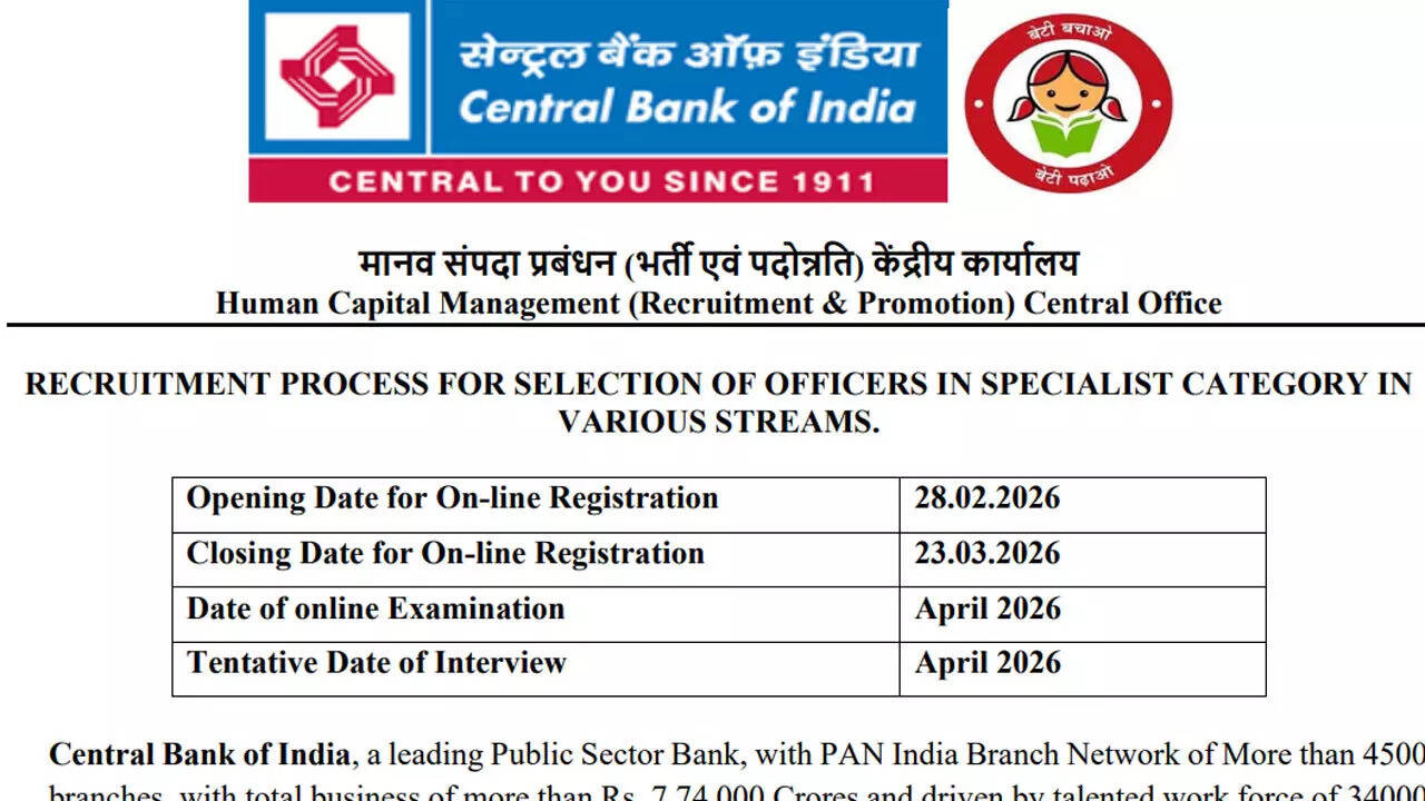 Central Bank of India announces 275 SO vacancies, online applications open until March 23; apply here