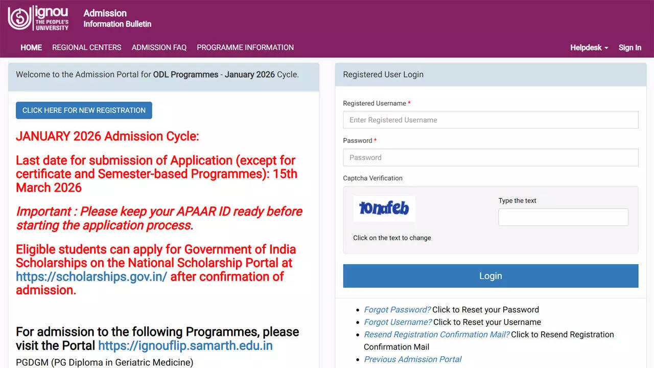 IGNOU January 2026 cycle underway, last date March 15, 2026; apply here