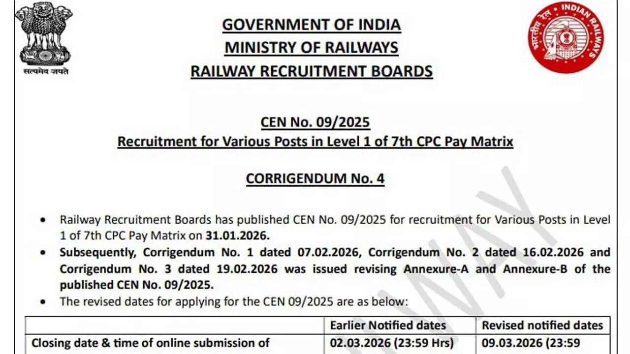 RRB Group D recruitment 2026: Last date extended for CEN No. 09/2025 applications