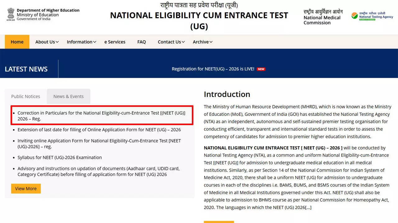NEET UG 2026 correction window to open March 12 at neet.nta.nic.in; check editable fields