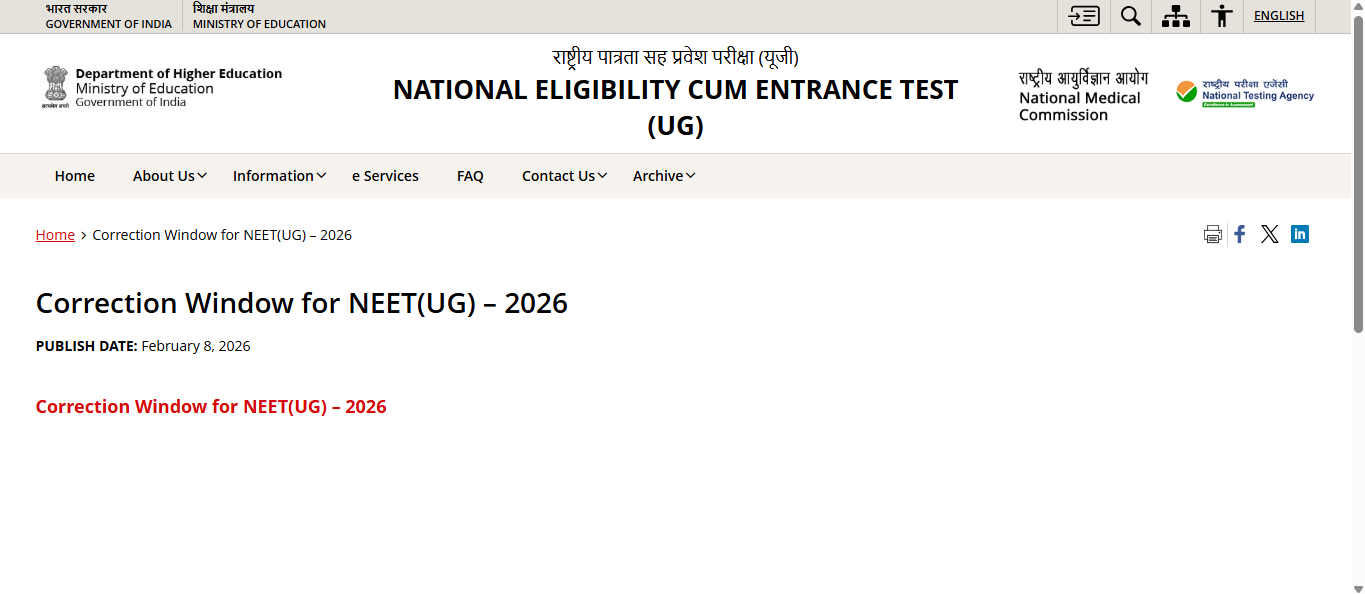 NEET UG 2026 correction window opens at neet.nta.nic.in: Check direct link, editable fields here
