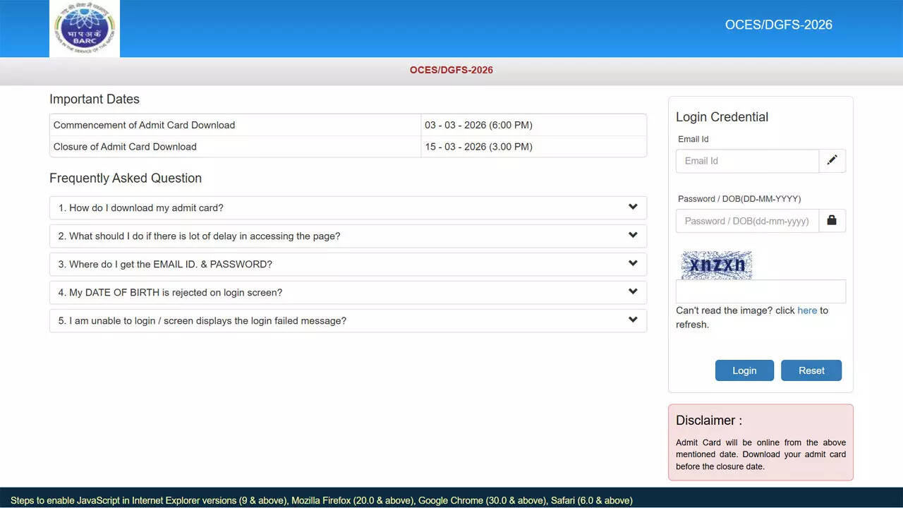 BARC OCES/DGFS, DDFS 2026 CBT today and tomorrow: Admit card link and key exam details