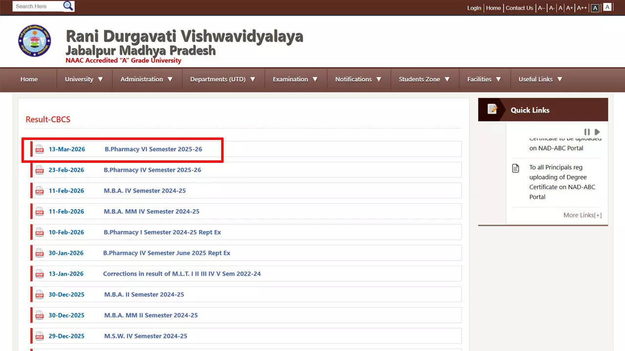 RDVV B. Pharmacy VI semester result 2026 out at rdunijbpin.org; download PDF here