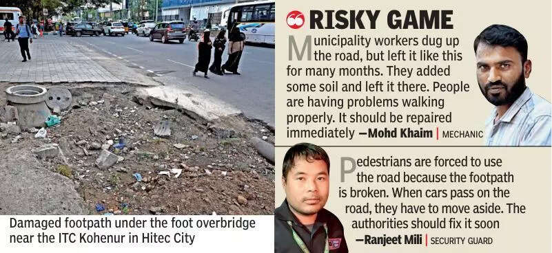 Hitec City footpath in state of disrepair for months, forces pedestrians on to busy roads