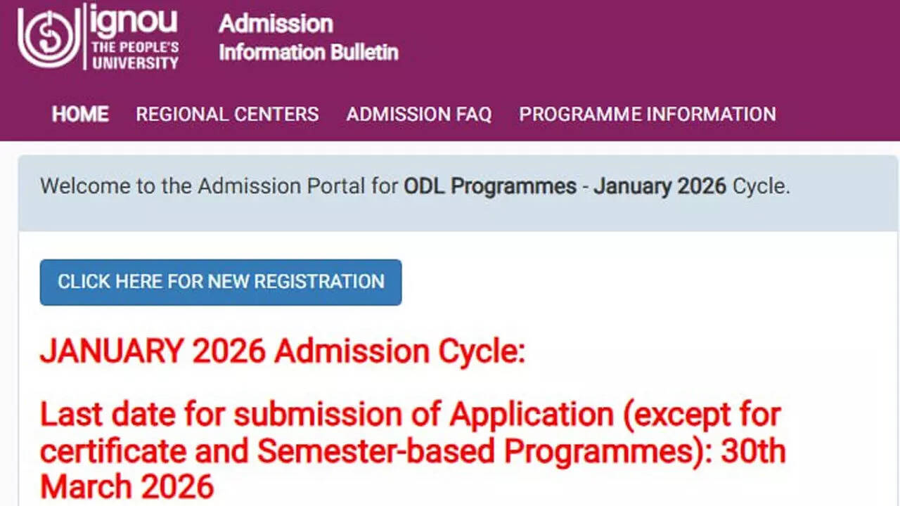 IGNOU extends January 2026 admission deadline for ODL and online programmes till March 30