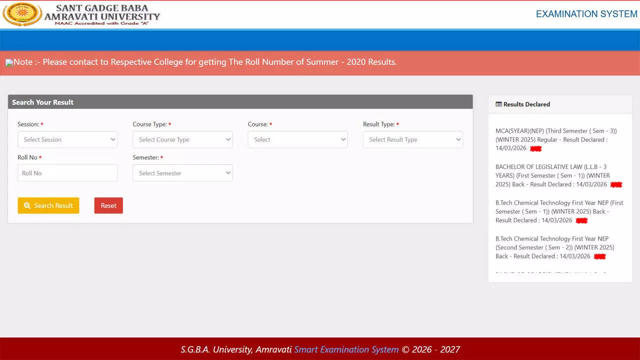 SGBAU Winter 2025 semester results released for MCA, LL.B, B.Tech programs; check direct link here