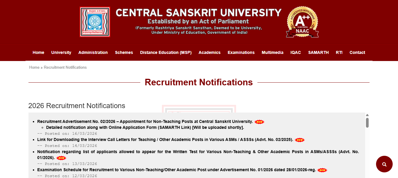 Central Sanskrit University recruitment 2026: Apply online for 144 non-teaching posts, direct link here