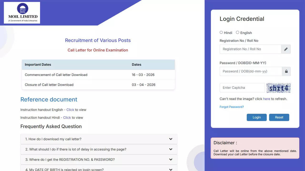 MOIL releases call letters for Graduate and Management Trainee April 3 exam at moil.nic.in; download here