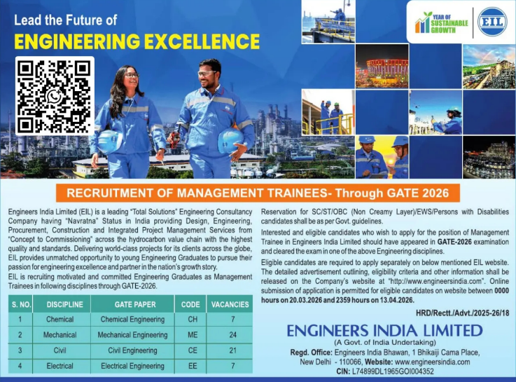 EIL Management Trainee recruitment 2026: Application to begin March 20 onwards through GATE scores