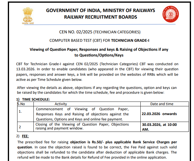 RRB Technician Grade 1 answer key 2026 releasing tomorrow: Check steps to raise objections here
