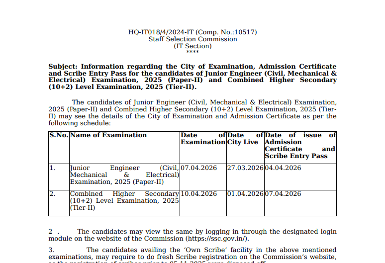 SSC releases JE, CHSL Tier 2 exam city slip and admit card 2026 dates; check details here