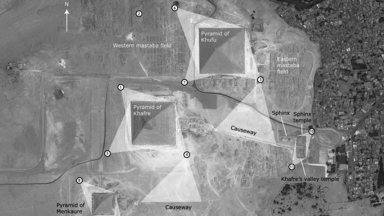 Annotated aerial view of the Giza Plateau with pyramids and the Sphinx.