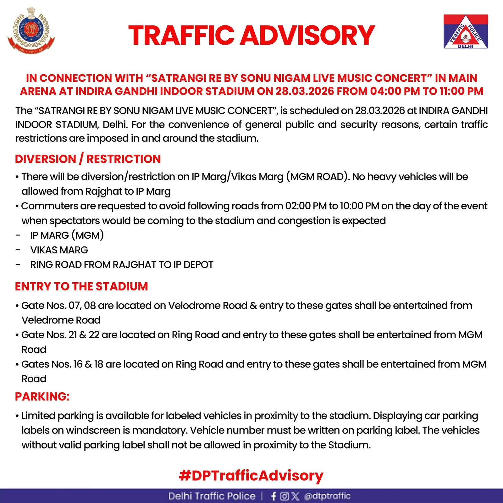 Delhi Traffic advisory
