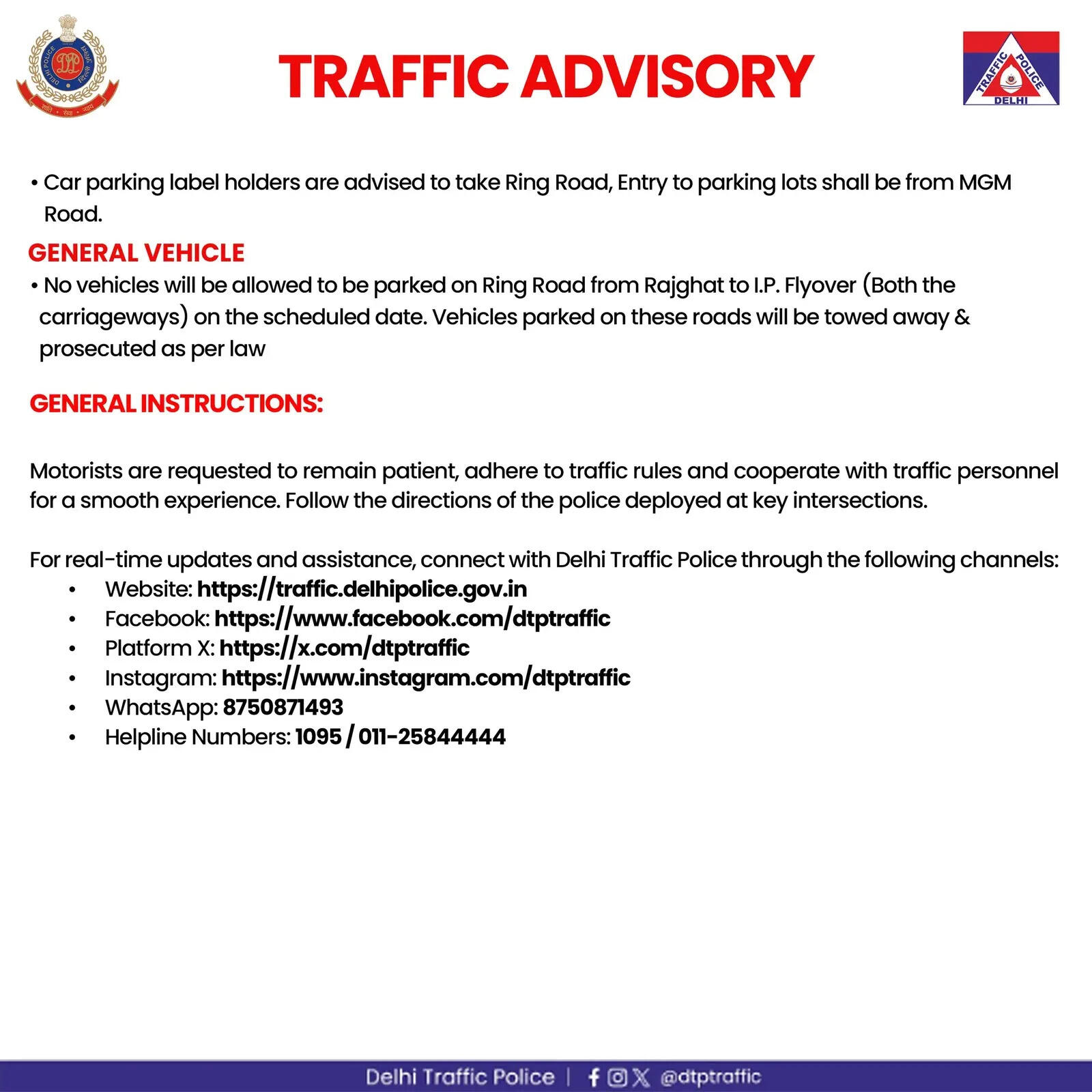 Delhi Traffic advisory