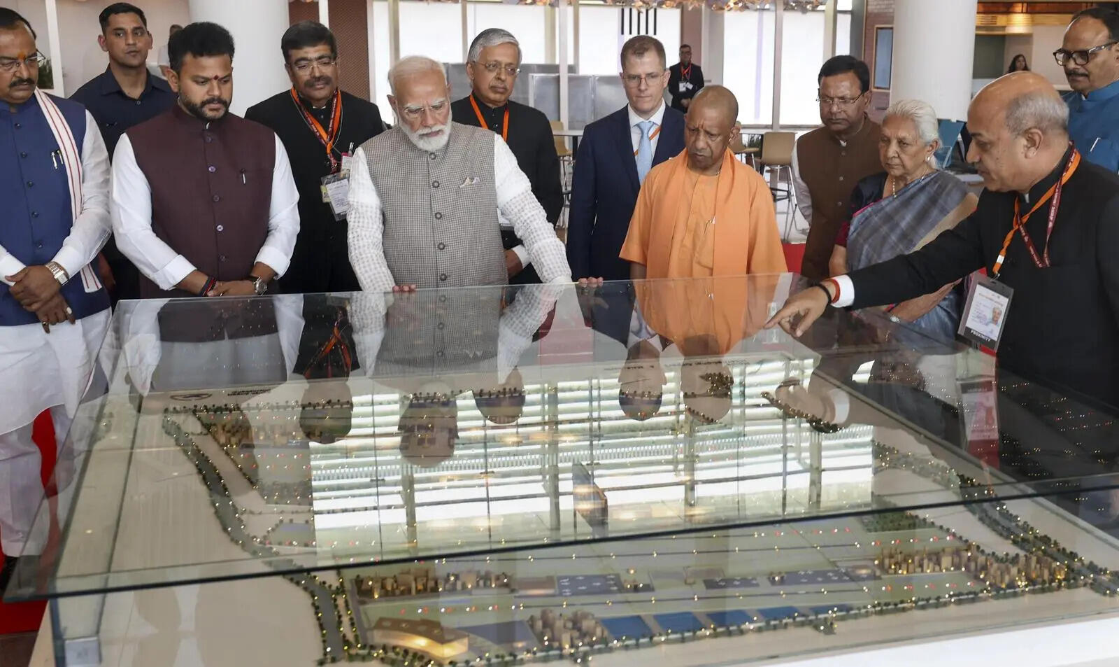 Prime Minister Narendra Modi, UP governor Anandiben Patel, Union civil aviation minister Kinjarapu Ram Mohan Naidu, CM Yogi Adityanath, deputy CMs Brajesh Pathak and Keshav Prasad Maurya and others during the inauguration of the first phase of the Noida International Airport