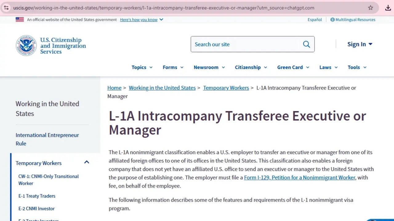 L-1A visa in the United States