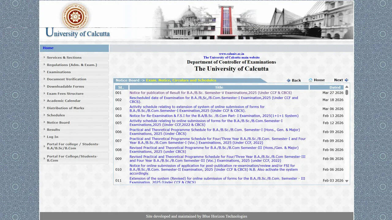 Calcutta University releases UG semester 5 results 2026; BA and BSc marksheets accessible via wbresults.nic.in