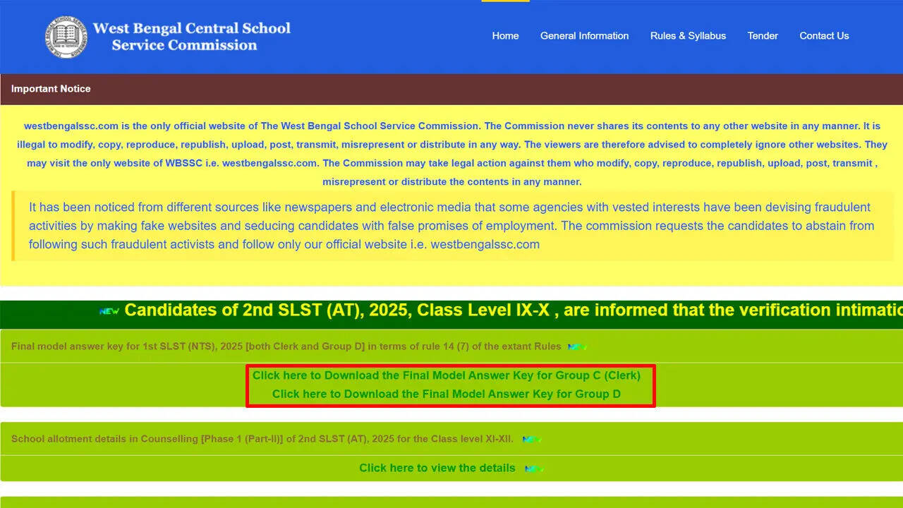WBSSC Group C and Group D answer keys released at westbengalssc.com; download PDFs here