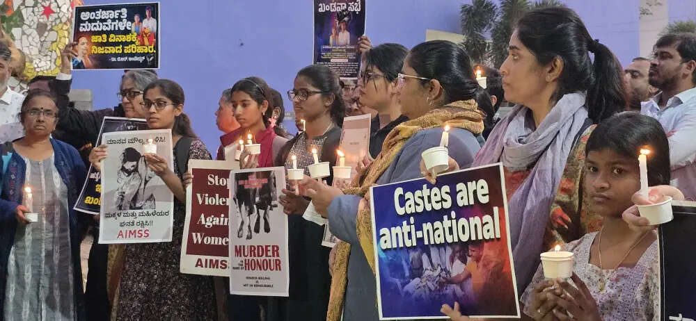 A protest against the killing of pregnant woman over her inter-caste marriage in Karnataka in 2025. (Syed Asif/BCCL) .