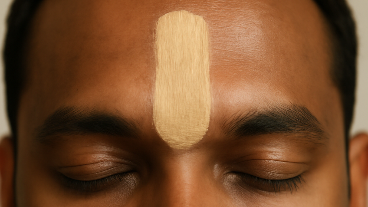 Among the most popular tilaks is one made from the calming essence of sandalwood. Sandalwood paste on the forehead not only provides a cooling sensation but also aligns the Agnya Chakra. The drying of the paste's effect becomes a concentration aid during meditation or prayer. Sandalwood's magical touch continues its effects to the pineal and pituitary glands, stimulating their functionality. Sandalwood tilak