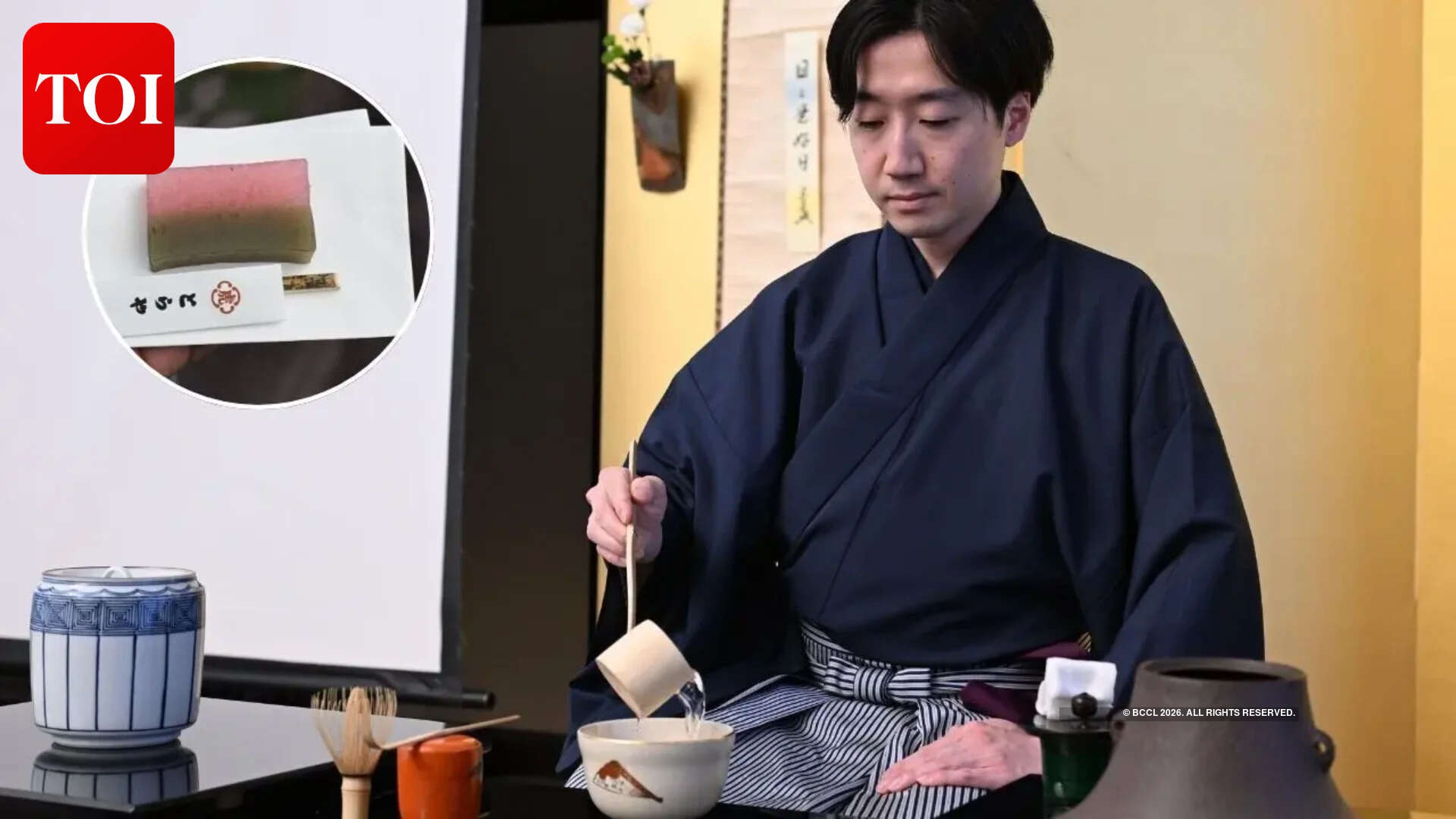 A tea master leads the traditional tea ceremony in the tea room, Wagashi (inset), a sweet presented before the tea, is thoughtfully chosen to complement the flavour of matcha, and is an integral part of the ceremony’s refined, aesthetic experience