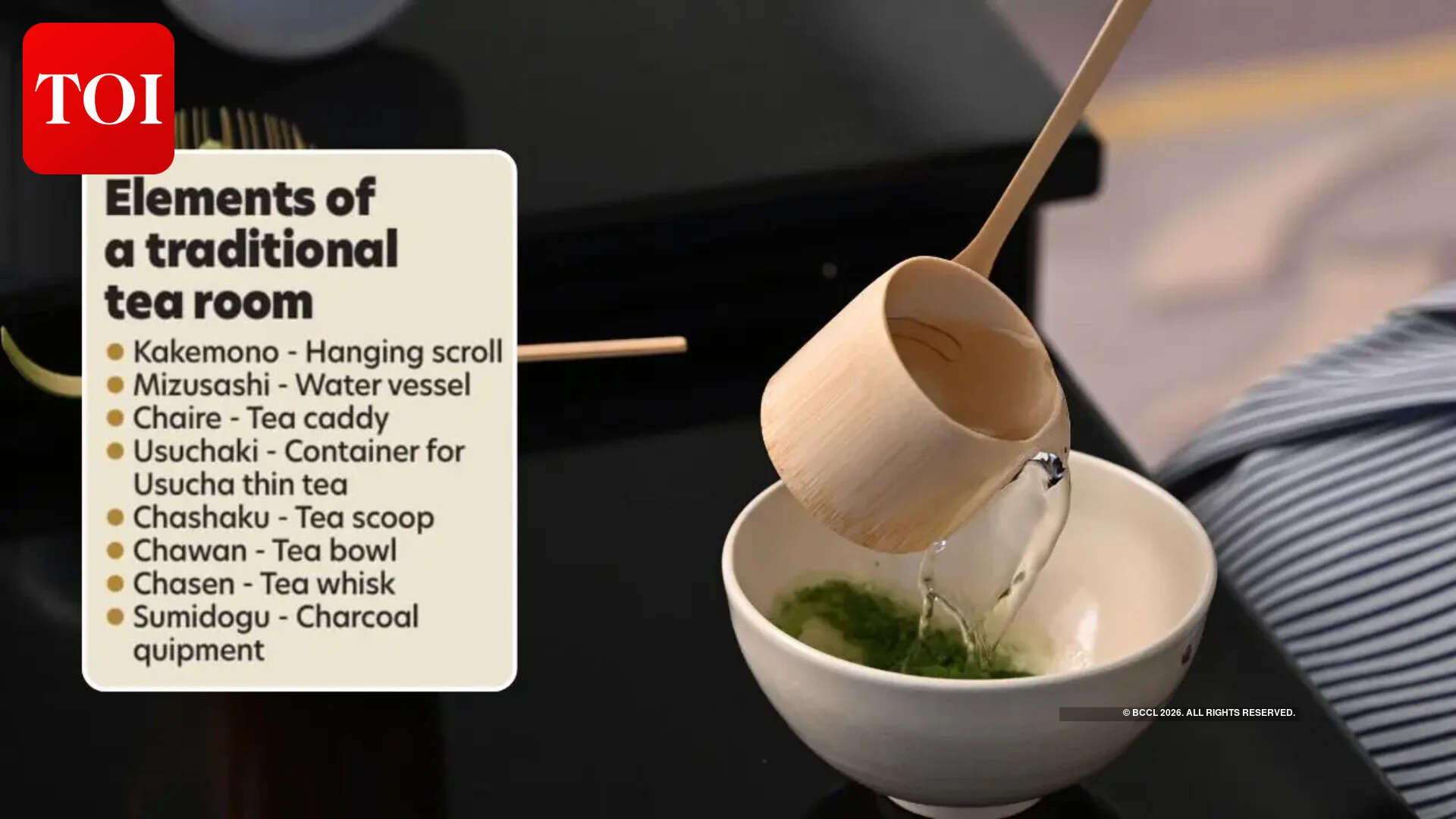 Matcha whisking process involves pouring water into a bowl with matcha powder