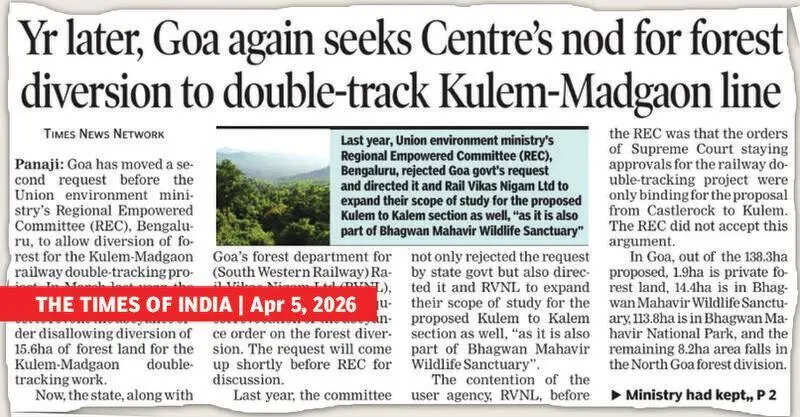 Centre defers Goa’s 2nd request for approving double tracking