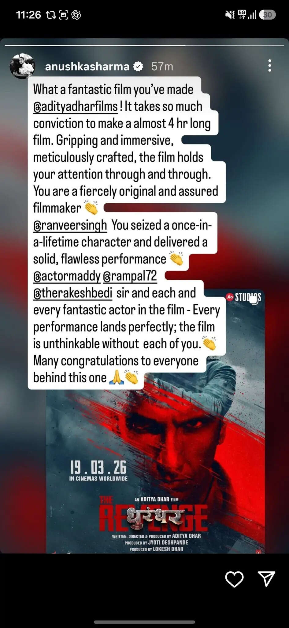 Anushka’s Instagram story for Dhurandhar.