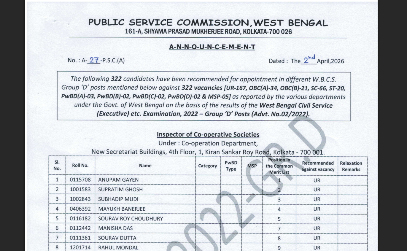WBPSC Group D result 2026 released at psc.wb.gov.in: Direct link to download scorecards here