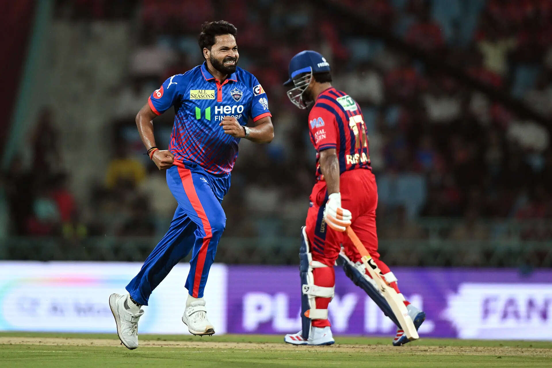 Lucknow, Apr 01 (ANI): Delhi Capitals' Mukesh Kumar celebrates the wicket of Luc...