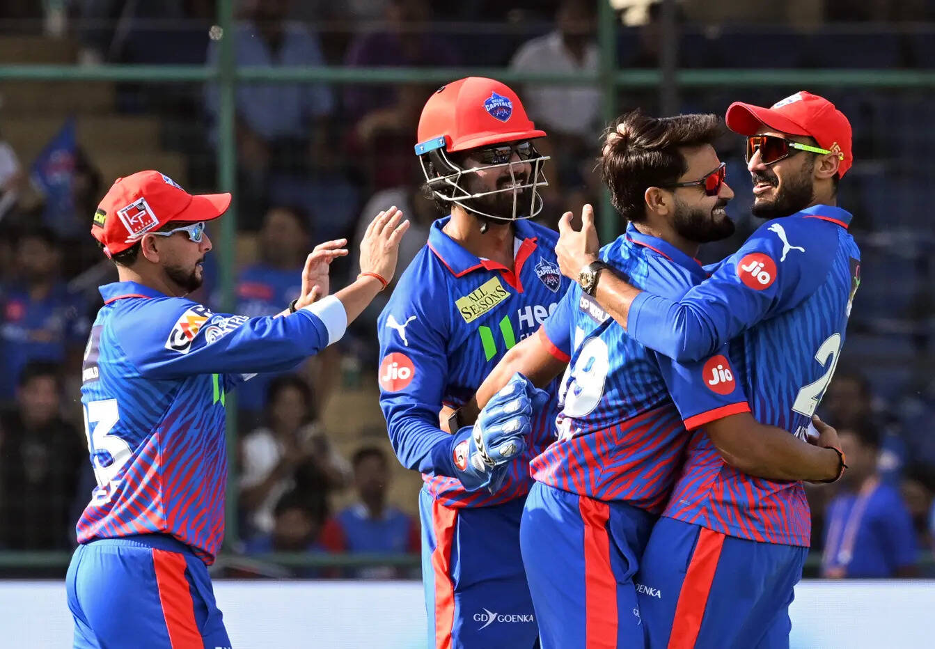 New Delhi, Apr 04 (ANI): Delhi Capitals' Axar Patel, KL Rahul, Mukesh Kumar and ...